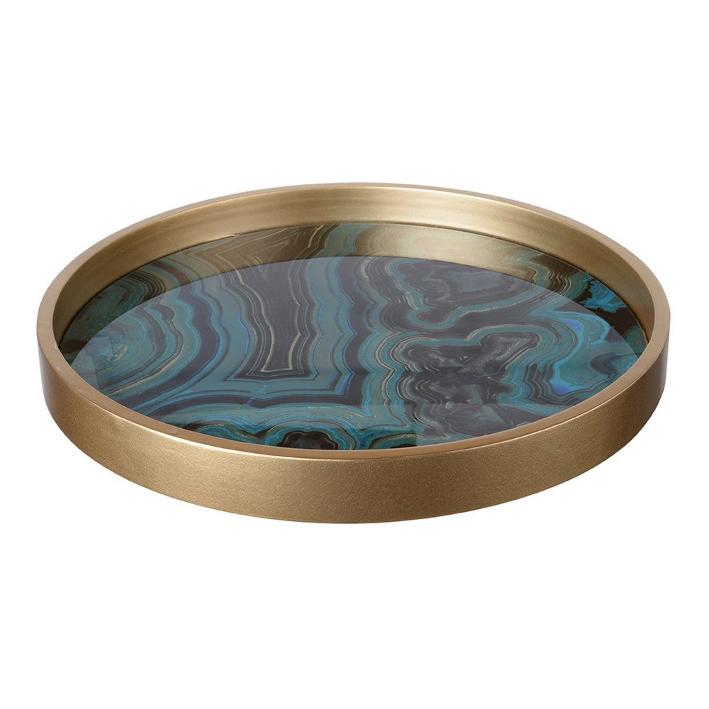 Jemin Decorative Tray with Swirl Patterns, Gold MDF Rim, Blue Glass 18 Inch - BM350318