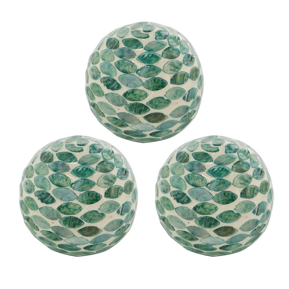 Sunny Decorative Ball Set of 3, Capiz Shell Details, Green Ceramic 12 Inch - BM350319