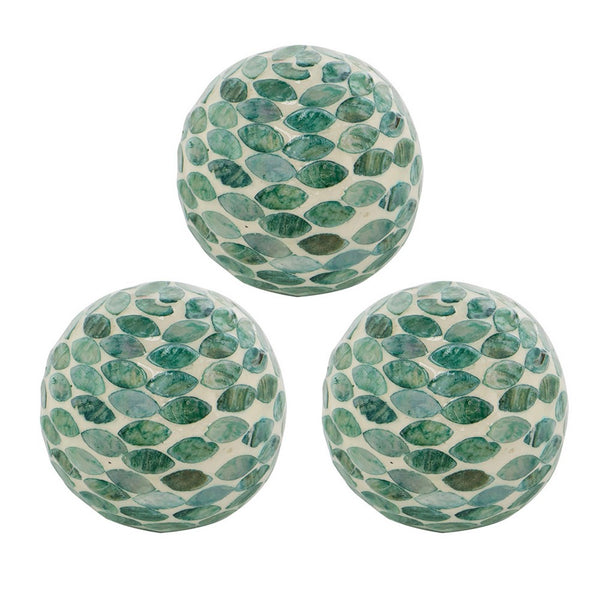 Sunny Decorative Ball Set of 3, Capiz Shell Details, Green Ceramic 12 Inch - BM350319