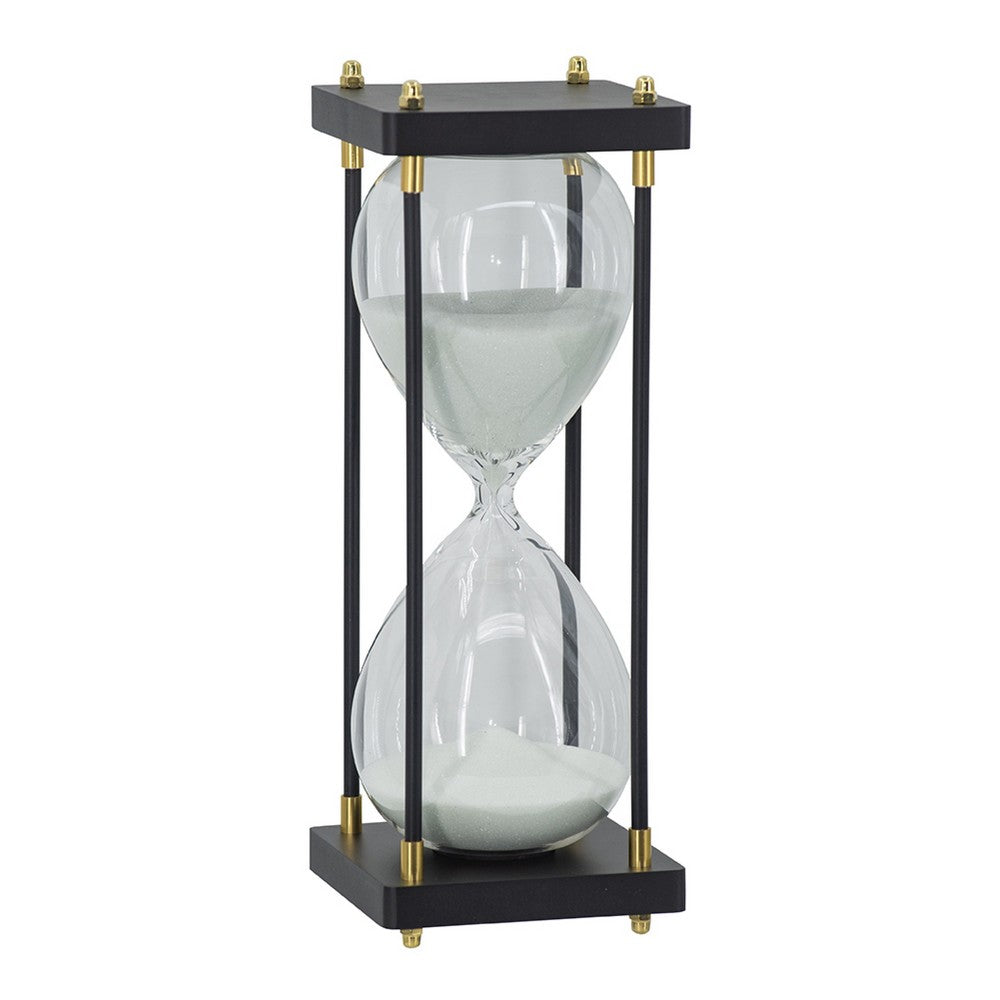 Judy Decorative Hourglass Timer, Brown Wood, Black Iron Rods, Glass 12 Inch - BM350321