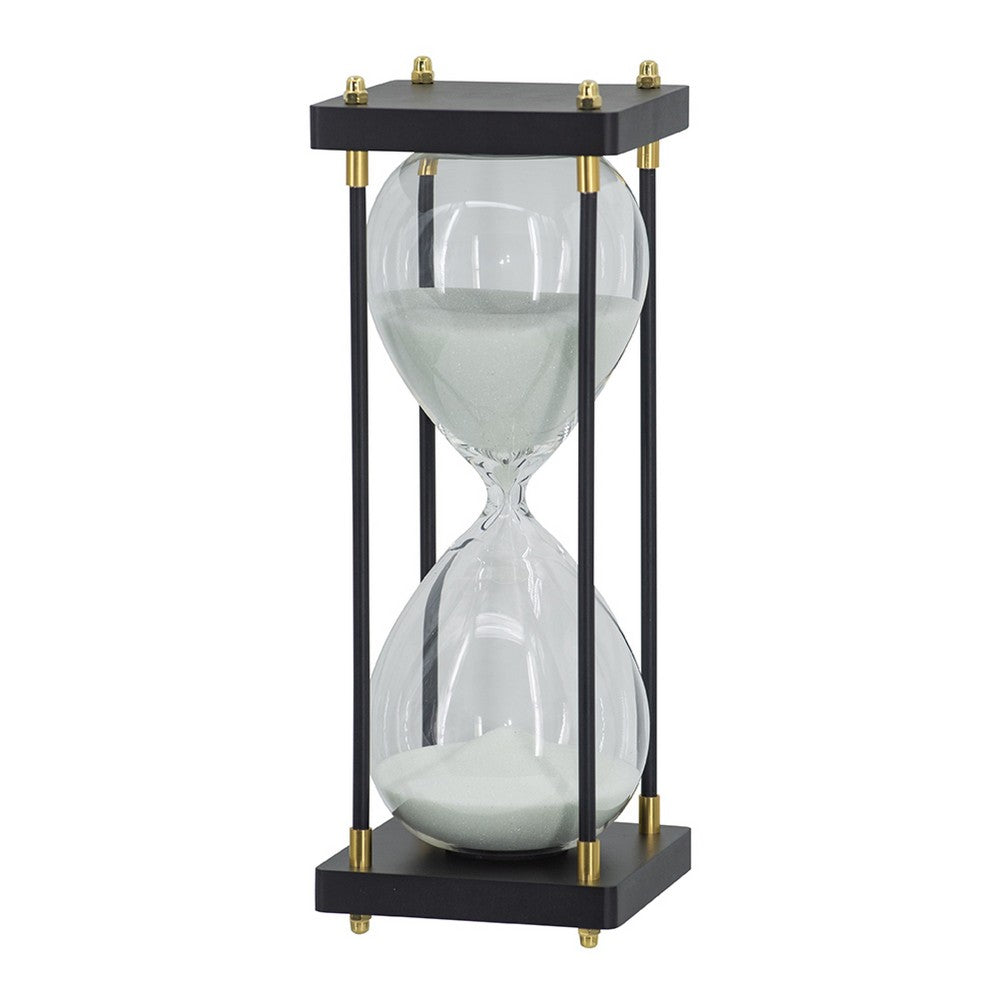Judy Decorative Hourglass Timer, Brown Wood, Black Iron Rods, Glass 12 Inch - BM350321