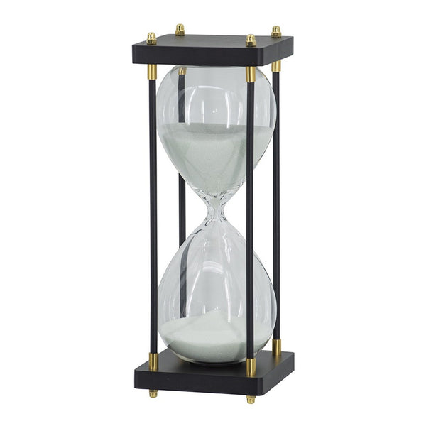 Judy Decorative Hourglass Timer, Brown Wood, Black Iron Rods, Glass 12 Inch - BM350321