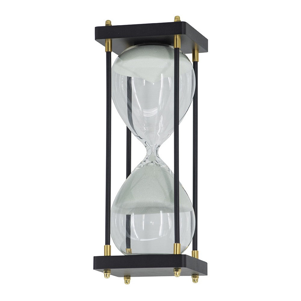 Judy Decorative Hourglass Timer, Brown Wood, Black Iron Rods, Glass 12 Inch - BM350321