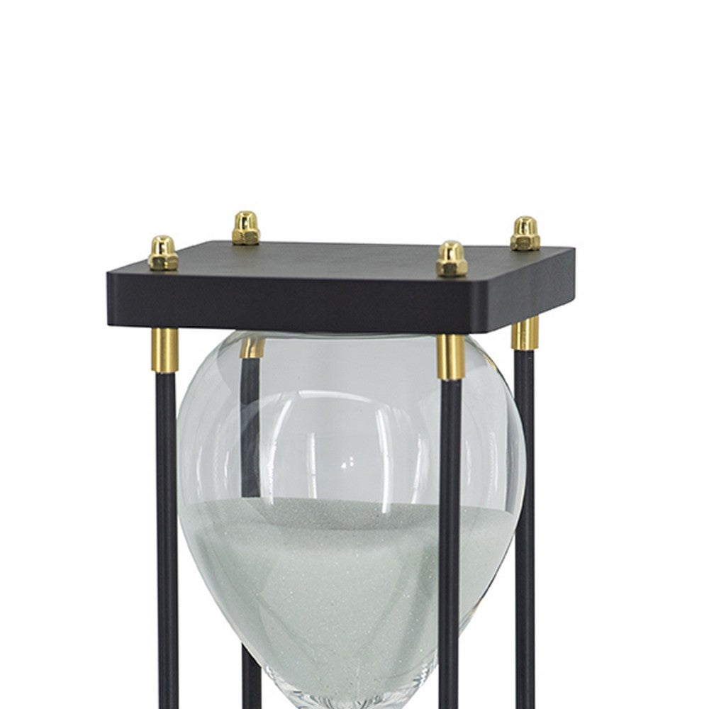 Judy Decorative Hourglass Timer, Brown Wood, Black Iron Rods, Glass 12 Inch - BM350321