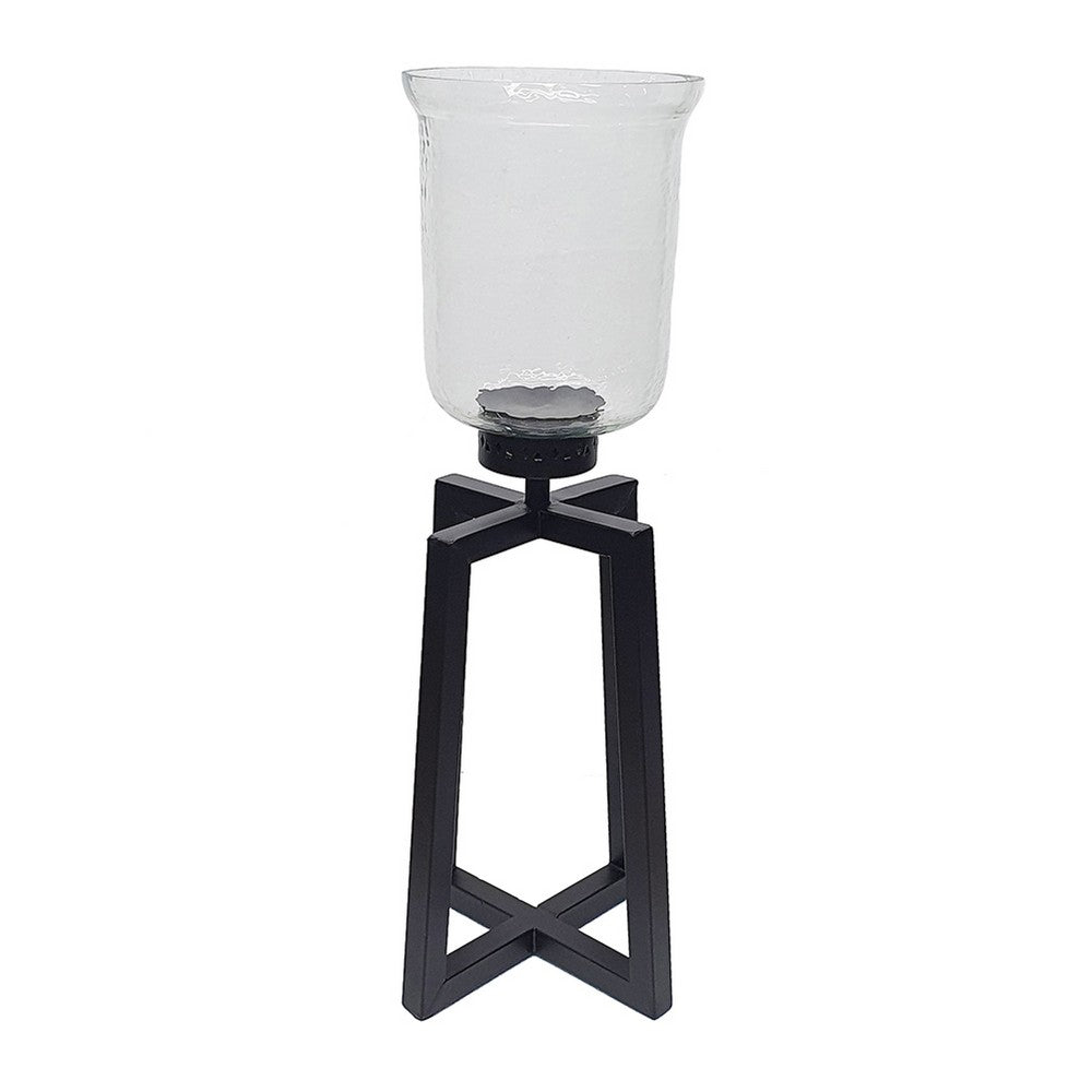 Cole Large Candle Holder, Open Crossed Black Iron, Clear Glass 23 Inch - BM350322