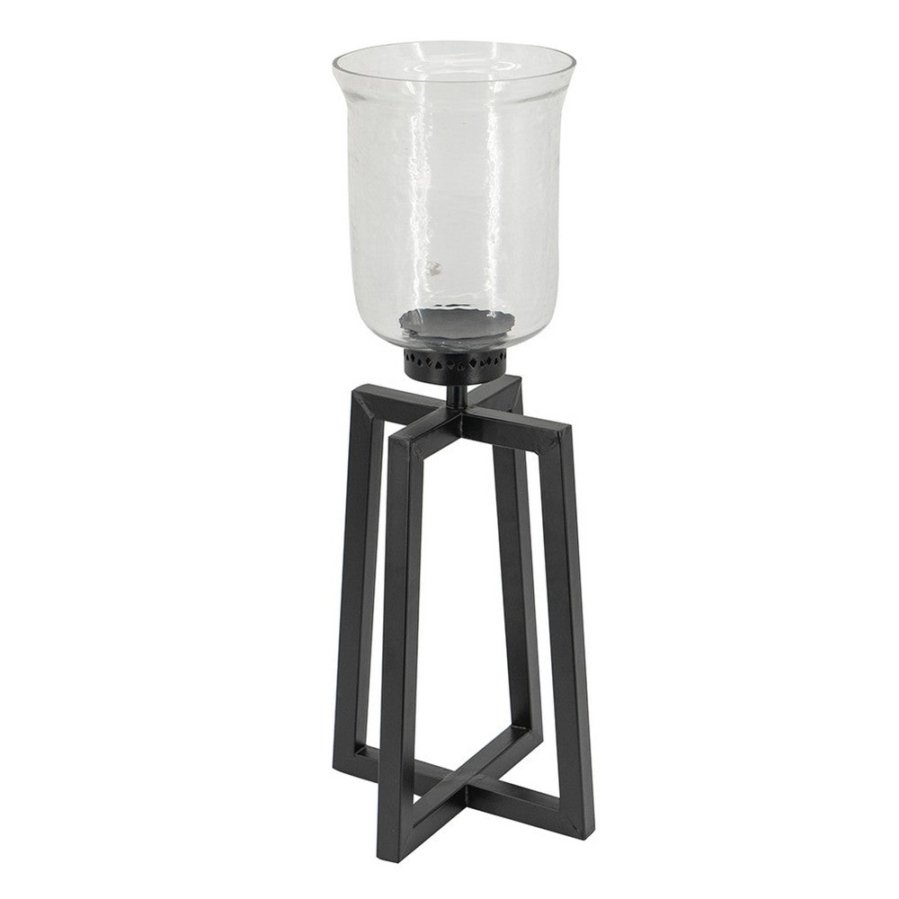 Cole Large Candle Holder, Open Crossed Black Iron, Clear Glass 23 Inch - BM350322