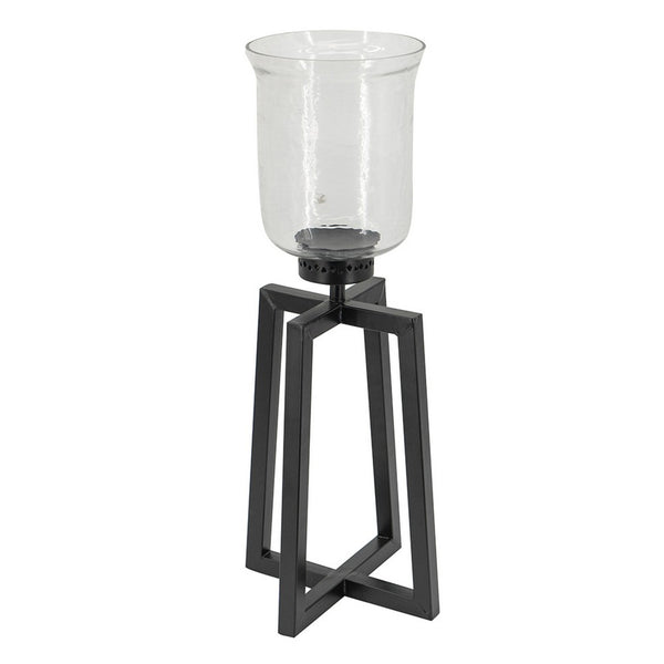 Cole Large Candle Holder, Open Crossed Black Iron, Clear Glass 23 Inch - BM350322