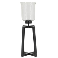 Cole Large Candle Holder, Open Crossed Black Iron, Clear Glass 23 Inch - BM350322