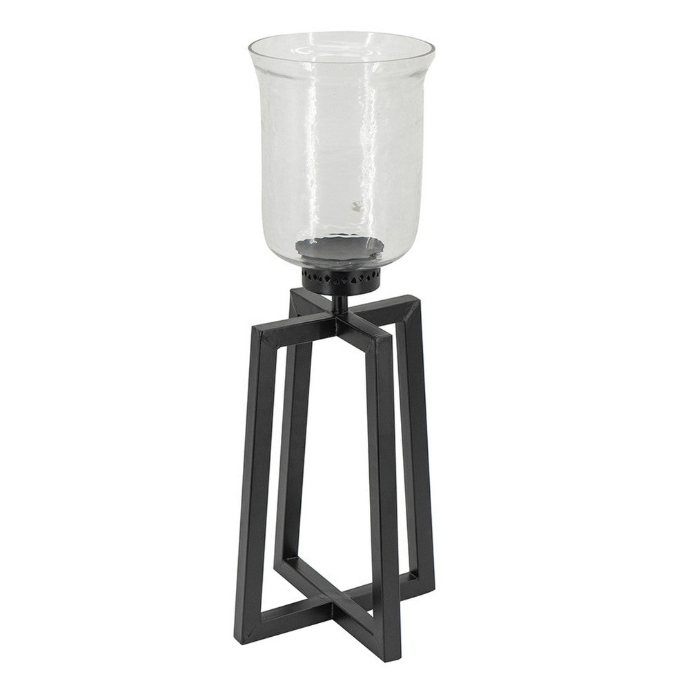 Cole Large Candle Holder, Open Crossed Black Iron, Clear Glass 23 Inch - BM350322
