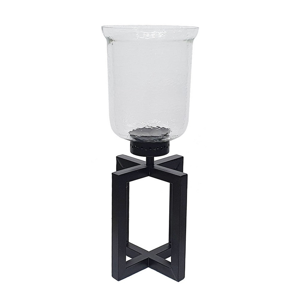 Cole Small Candle Holder, Black Iron Open X Frame, Clear Glass 19 Inch - BM350323