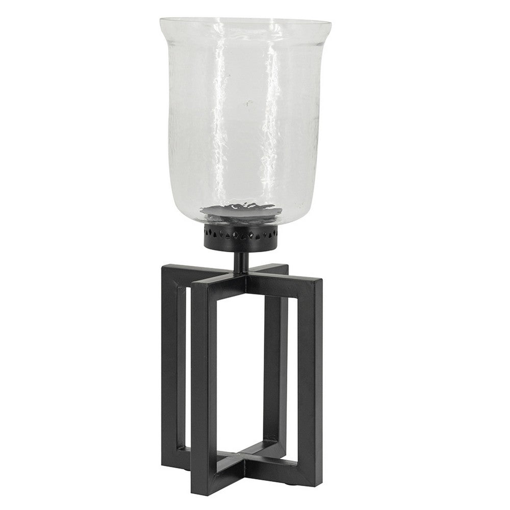Cole Small Candle Holder, Black Iron Open X Frame, Clear Glass 19 Inch - BM350323