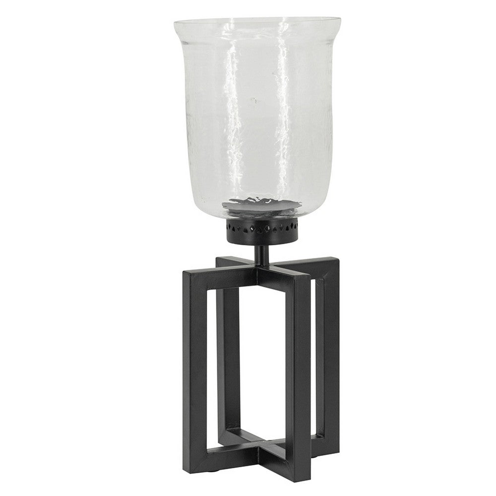 Cole Small Candle Holder, Black Iron Open X Frame, Clear Glass 19 Inch - BM350323