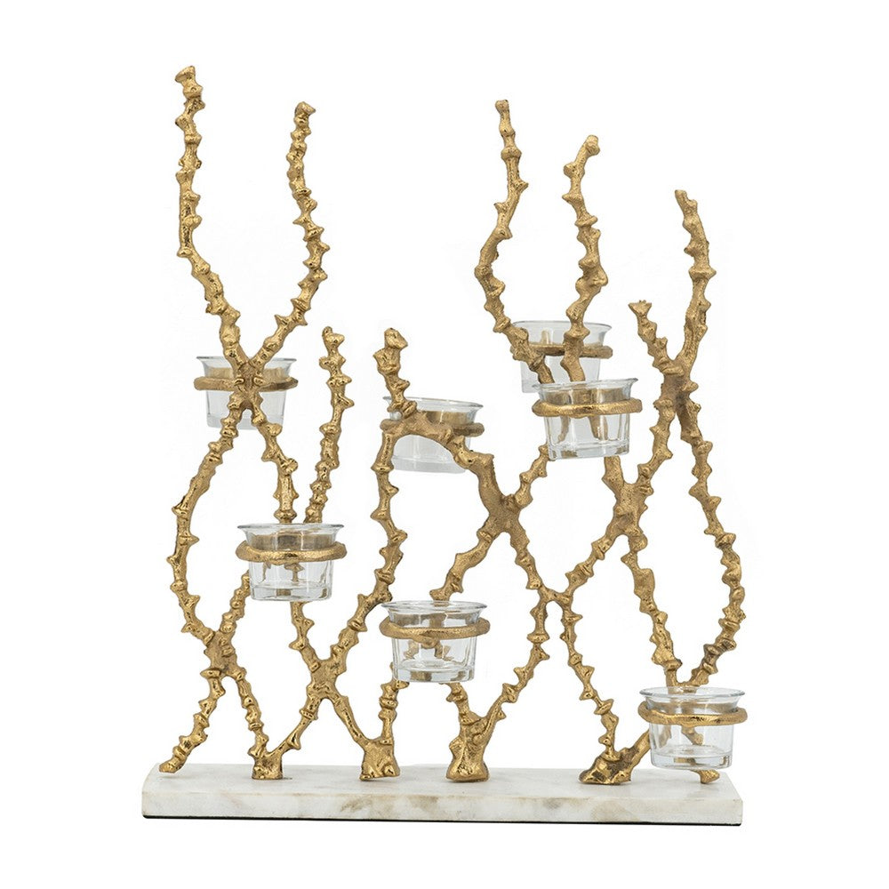 Betty Tea Candle Holder, Gold Branch Design, Glass, White Marble, 18 Inch - BM350324