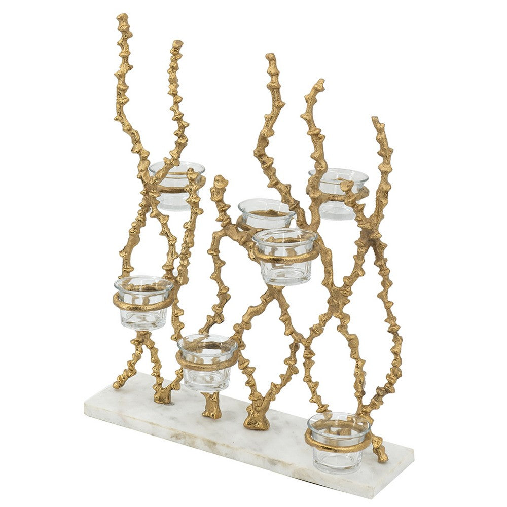 Betty Tea Candle Holder, Gold Branch Design, Glass, White Marble, 18 Inch - BM350324