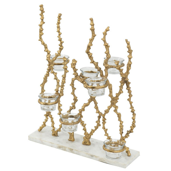 Betty Tea Candle Holder, Gold Branch Design, Glass, White Marble, 18 Inch - BM350324