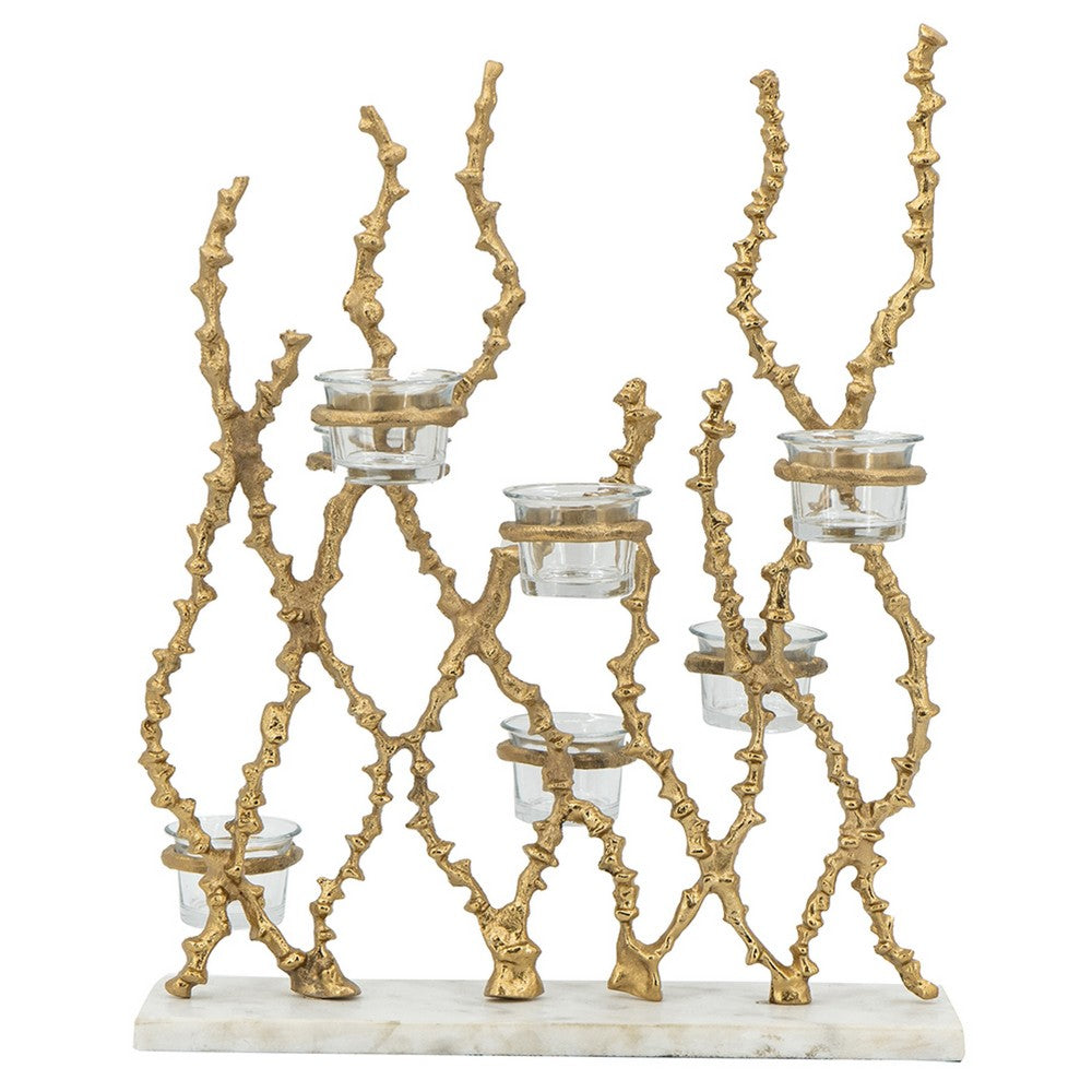 Betty Tea Candle Holder, Gold Branch Design, Glass, White Marble, 18 Inch - BM350324