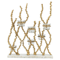 Betty Tea Candle Holder, Gold Branch Design, Glass, White Marble, 18 Inch - BM350324