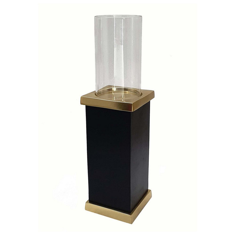 Oshy Hurricane Candle Holder, Gold Aluminum, Black Solid Mango Wood 16 Inch - BM350325