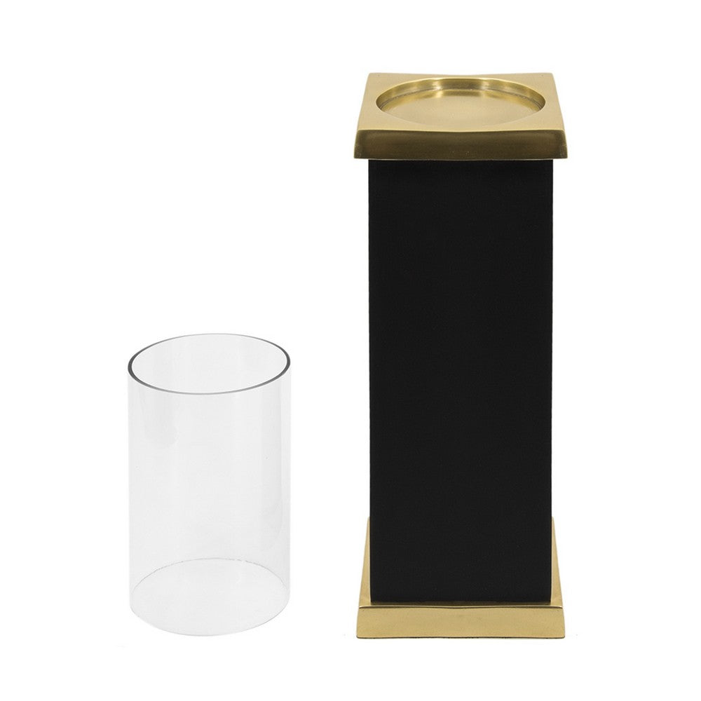 Oshy Hurricane Candle Holder, Gold Aluminum, Black Solid Mango Wood 16 Inch - BM350325