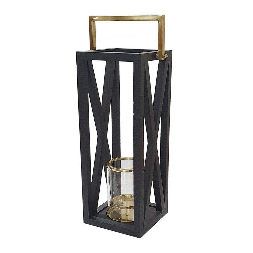 Xoro Lantern, Gold Aluminum, Farmhouse Side Panel, Black Mango Wood 25 Inch - BM350327