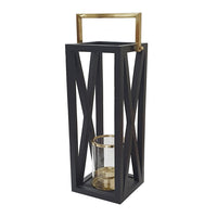 Xoro Lantern, Gold Aluminum, Farmhouse Side Panel, Black Mango Wood 25 Inch - BM350327