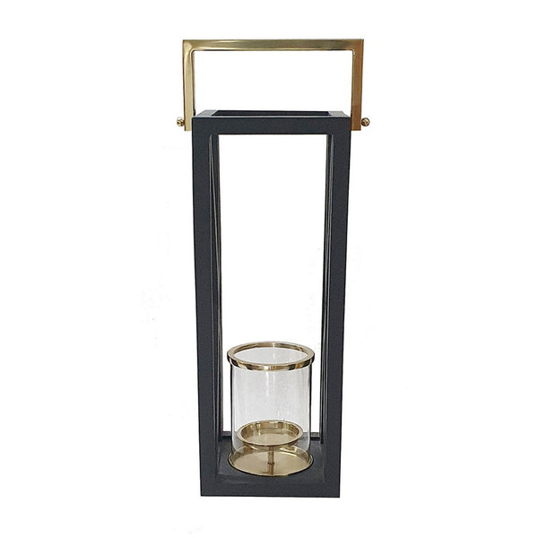 Xoro Lantern, Gold Aluminum, Farmhouse Side Panel, Black Mango Wood 25 Inch - BM350327