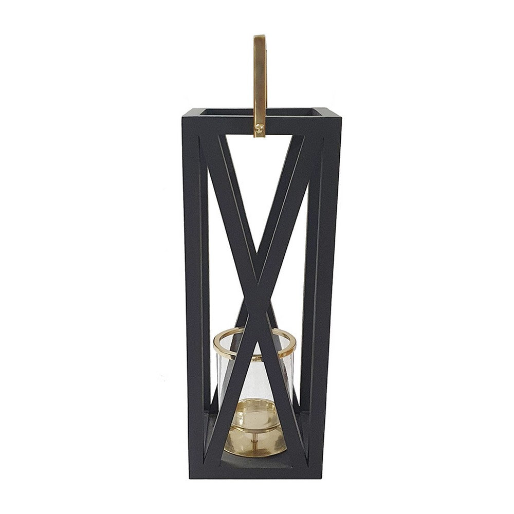 Xoro Lantern, Gold Aluminum, Farmhouse Side Panel, Black Mango Wood 25 Inch - BM350327