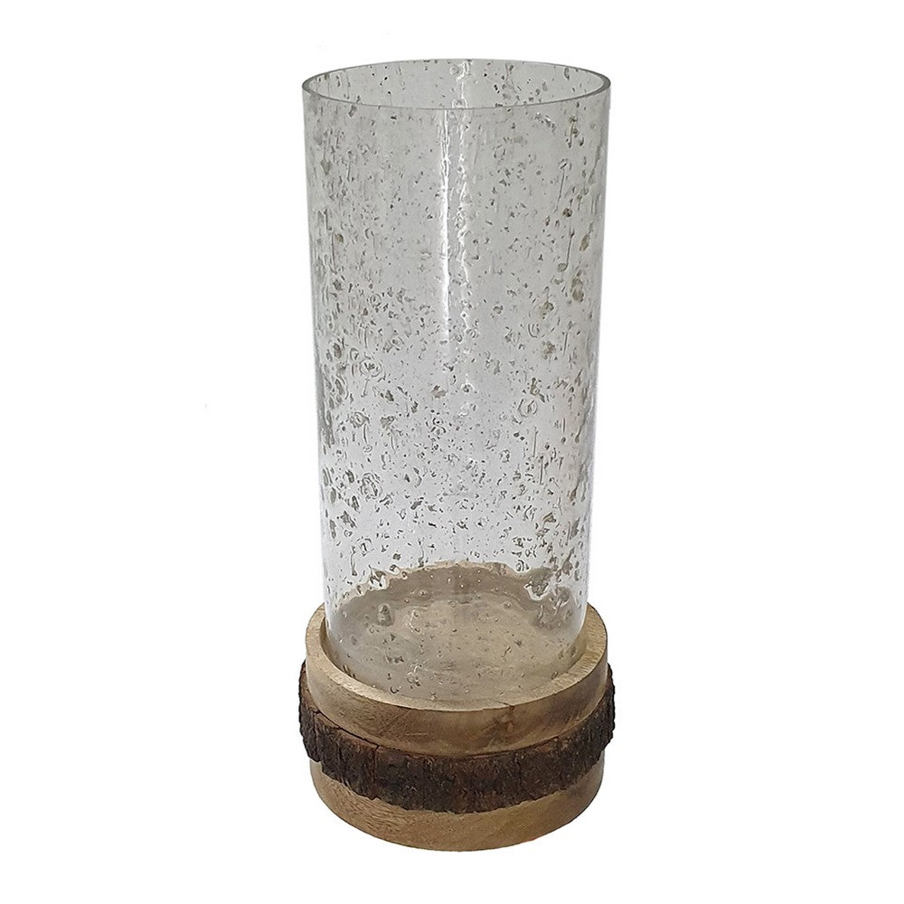 Zylo Decorative Vase, Transparent Cylinder Glass, Brown Mango Wood 13 Inch - BM350328
