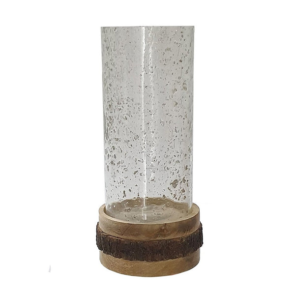 Zylo Decorative Vase, Transparent Cylinder Glass, Brown Mango Wood 13 Inch - BM350328