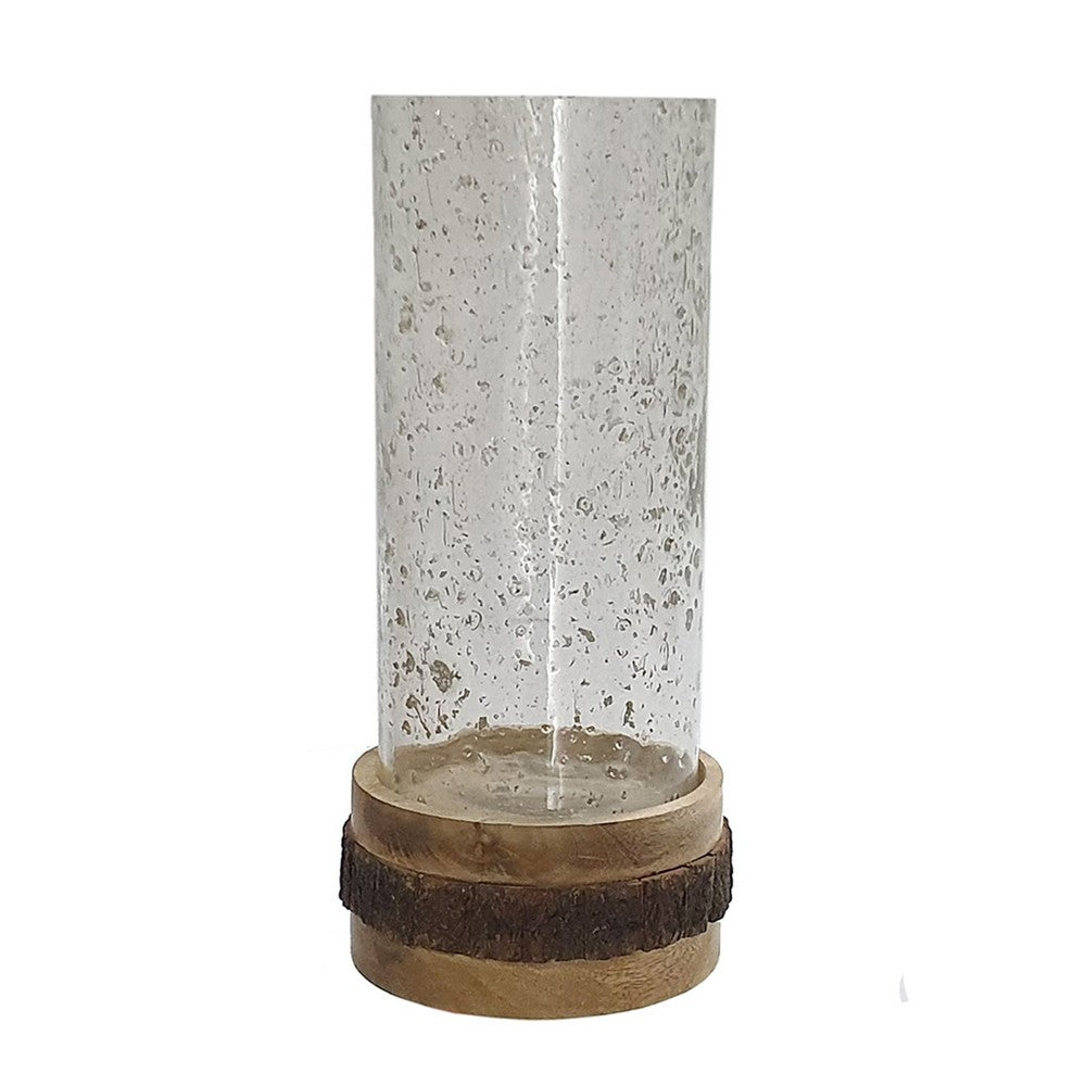 Zylo Decorative Vase, Transparent Cylinder Glass, Brown Mango Wood 13 Inch - BM350328