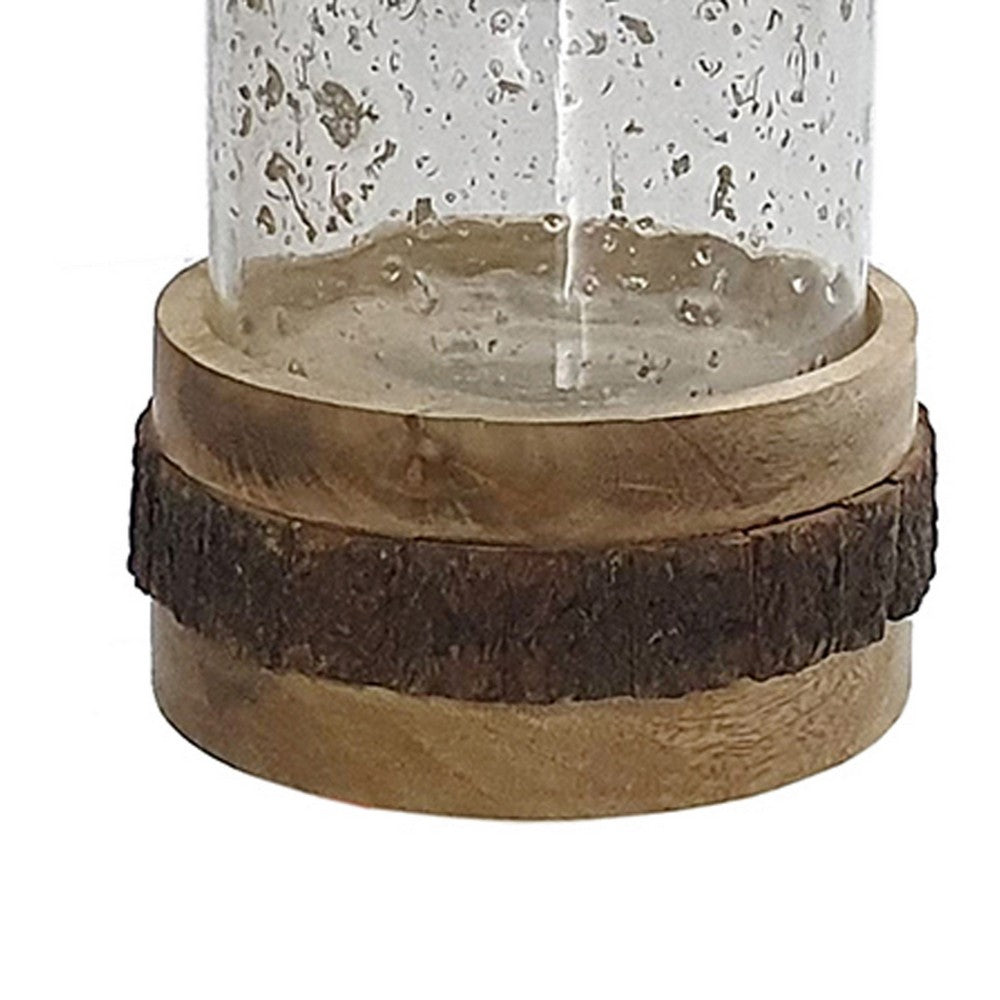 Zylo Decorative Vase, Transparent Cylinder Glass, Brown Mango Wood 13 Inch - BM350328