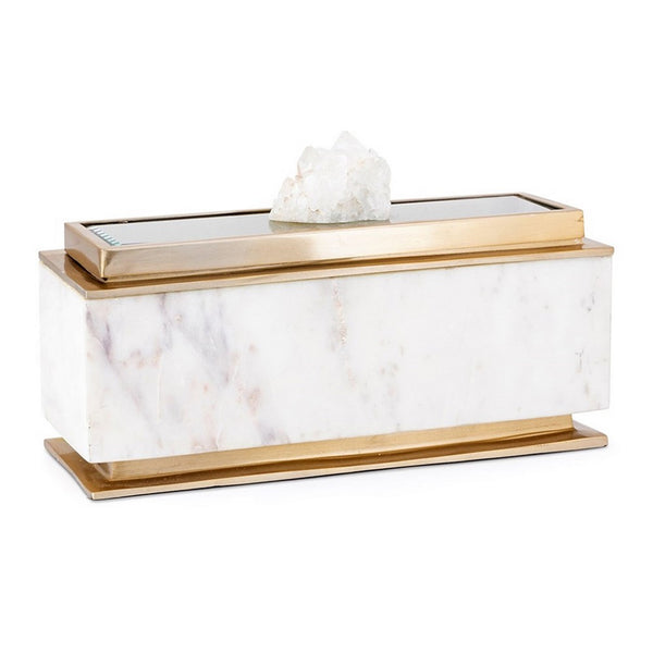 Plushy Decorative Box with Lid, White Marble, Gold Aluminum-Iron 14 Inch - BM350334