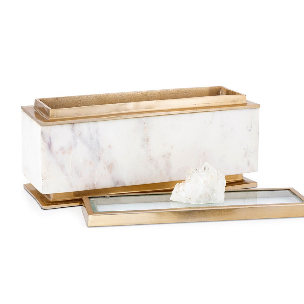 Plushy Decorative Box with Lid, White Marble, Gold Aluminum-Iron 14 Inch - BM350334