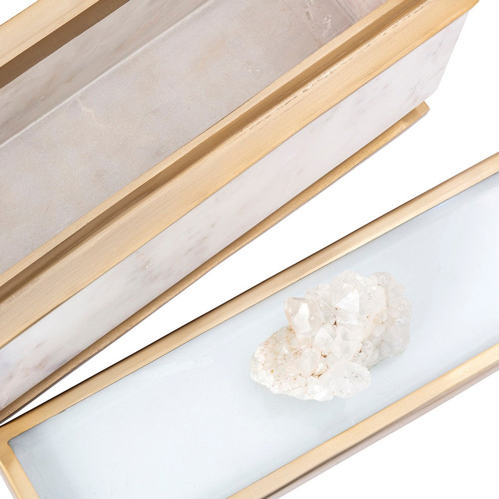 Plushy Decorative Box with Lid, White Marble, Gold Aluminum-Iron 14 Inch - BM350334