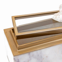 Plushy Decorative Box with Lid, White Marble, Gold Aluminum-Iron 14 Inch - BM350334