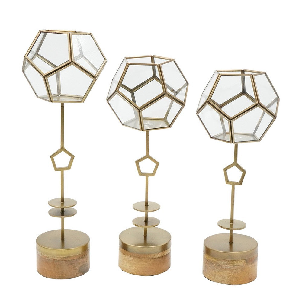 Suzie Jada Terrarium Lantern Set of 3, Bronze Iron, Mango Wood 15 16 19 Inch - BM350335