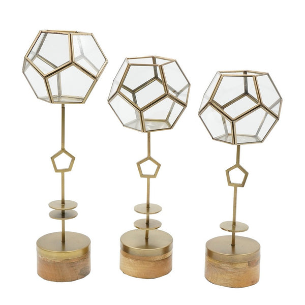 Suzie Jada Terrarium Lantern Set of 3, Bronze Iron, Mango Wood 15 16 19 Inch - BM350335