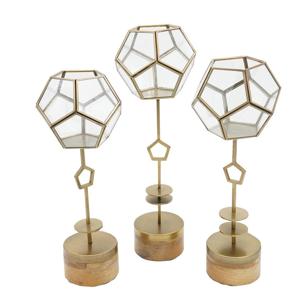 Suzie Jada Terrarium Lantern Set of 3, Bronze Iron, Mango Wood 15 16 19 Inch - BM350335