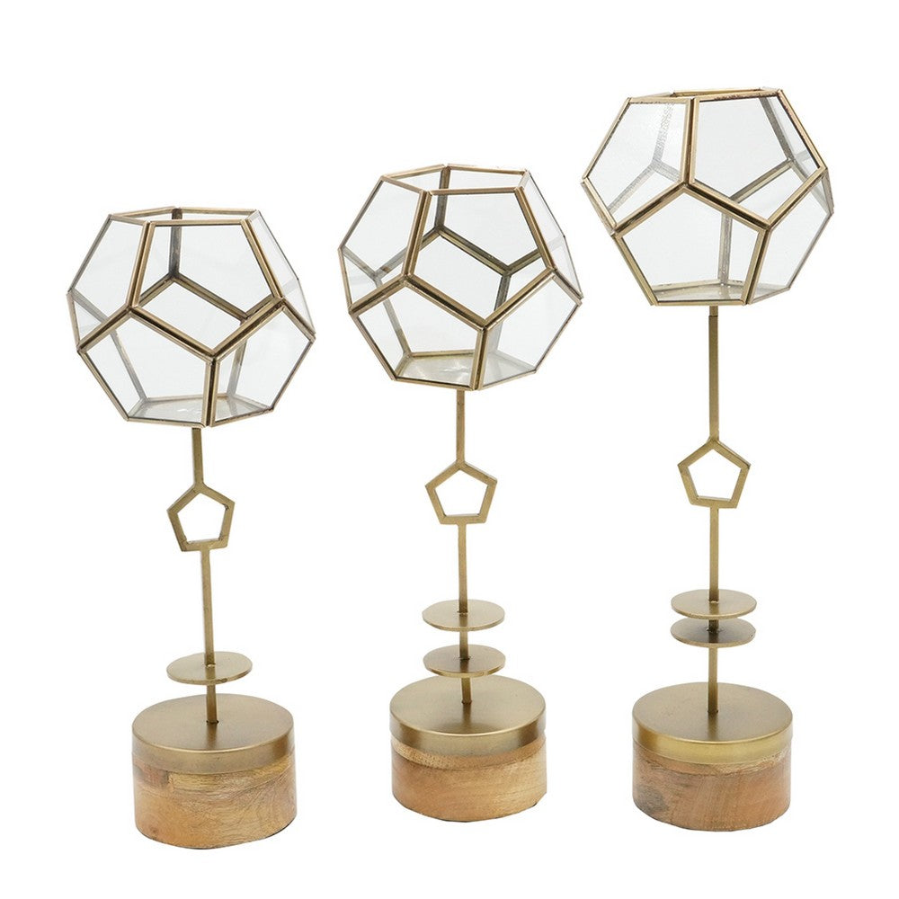 Suzie Jada Terrarium Lantern Set of 3, Bronze Iron, Mango Wood 15 16 19 Inch - BM350335