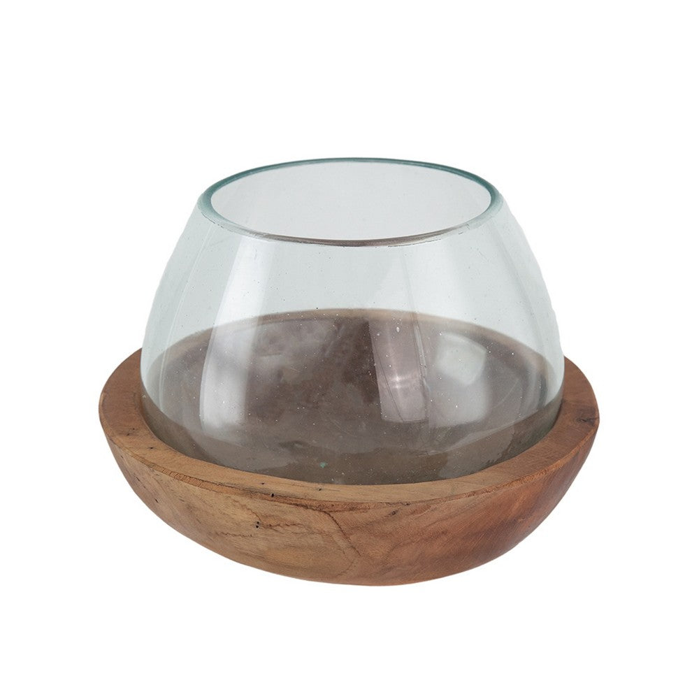 Kristy Round Decorative Bowl with Natural Teak Wood Base, Glass 10 Inch - BM350336