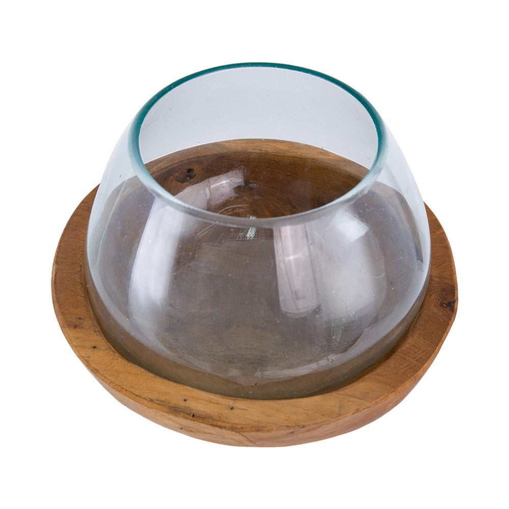 Kristy Round Decorative Bowl with Natural Teak Wood Base, Glass 10 Inch - BM350336