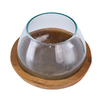 Kristy Round Decorative Bowl with Natural Teak Wood Base, Glass 10 Inch - BM350336