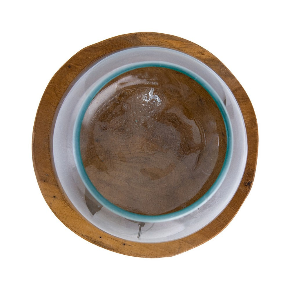 Kristy Round Decorative Bowl with Natural Teak Wood Base, Glass 10 Inch - BM350336