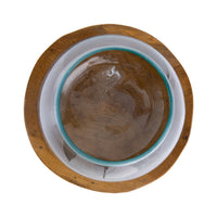 Kristy Round Decorative Bowl with Natural Teak Wood Base, Glass 10 Inch - BM350336