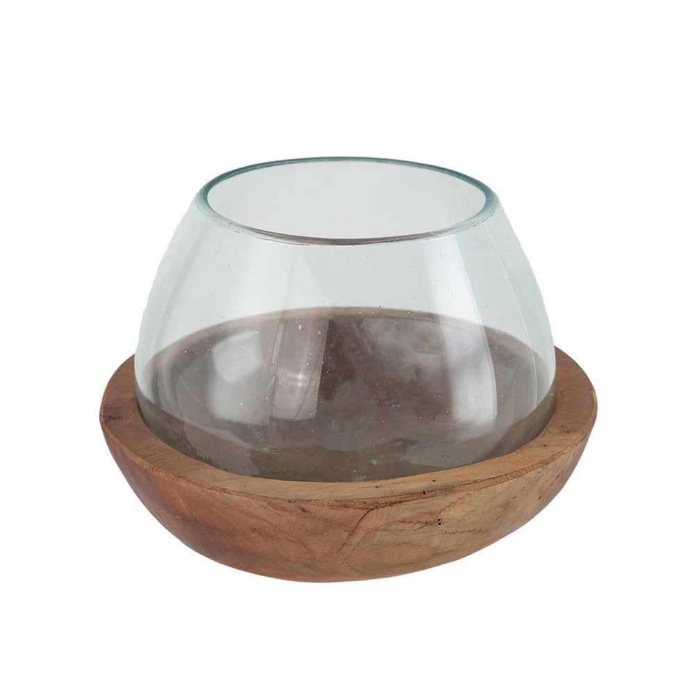 Kristy Round Decorative Bowl with Natural Teak Wood Base, Glass 10 Inch - BM350336