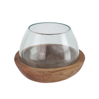 Kristy Round Decorative Bowl with Natural Teak Wood Base, Glass 10 Inch - BM350336