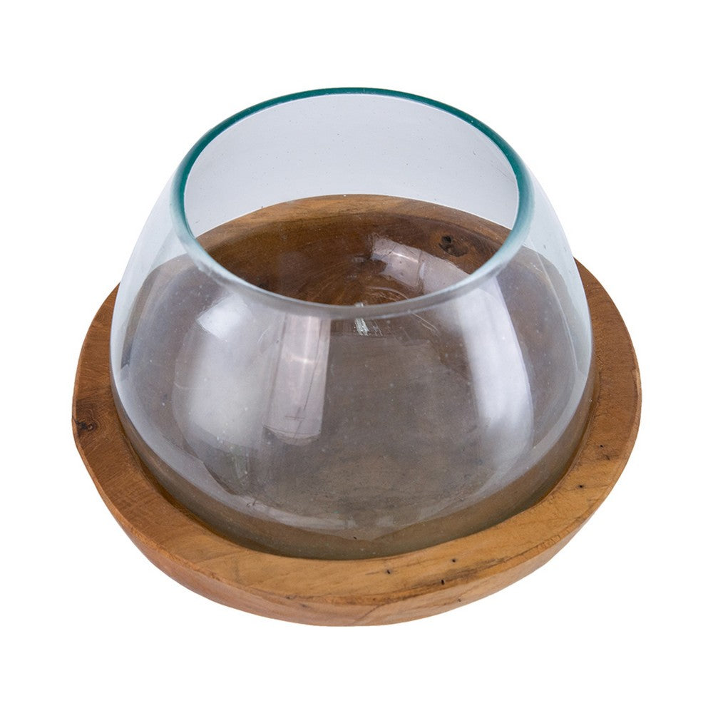 Kristy Round Decorative Bowl with Natural Teak Wood Base, Glass 10 Inch - BM350336