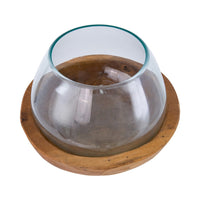 Kristy Round Decorative Bowl with Natural Teak Wood Base, Glass 10 Inch - BM350336