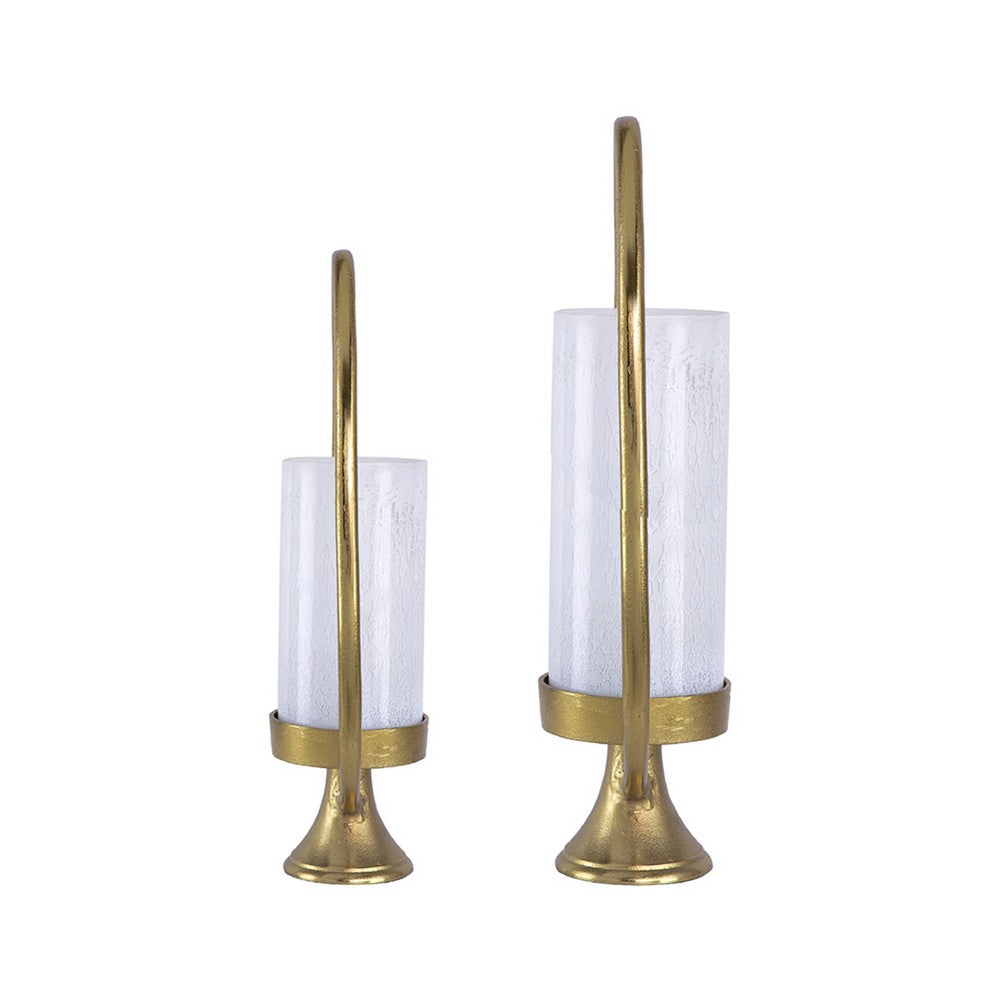 Beth Bascom Hurricane Candleholder Set of 2, Gold, White Glass 22, 27 Inch - BM350338
