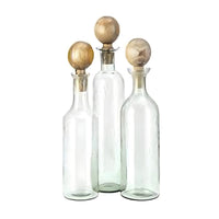 Hazie Decorative Glass Bottles Set of 3, Mango Wood Tops, 16 and 18 Inch - BM350339